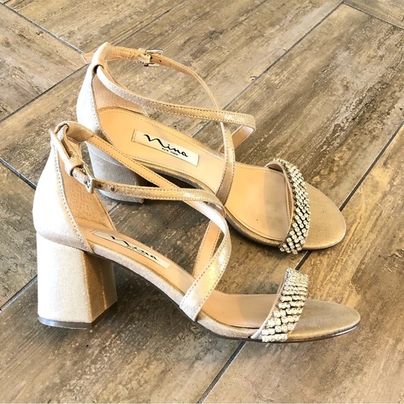 Nina Gold Strappy Sandals with Rhinestones Size 6 - Picture 3 of 6